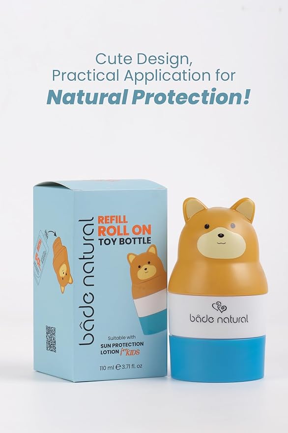 Bade Natural Refillable Bear-Shaped Sunscreen Applicator for Kids – 3.7 fl oz Roll-On Bottle – Empty, Reusable Dispenser for SPF Lotion – Soft Applicator Tip, Travel-Friendly