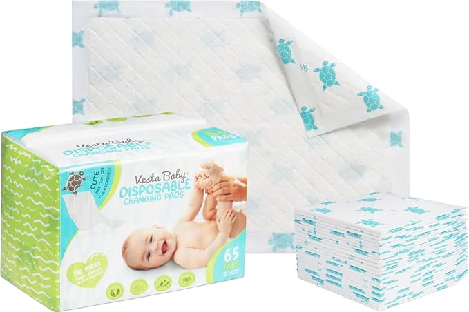 Vesta Baby 65 Disposable Changing Pads - Soft Absorbent Leak Proof Pee Mats - White Portable Diaper Change Underpads for Bed & Table Protection - 15" x 20" Waterproof Liners