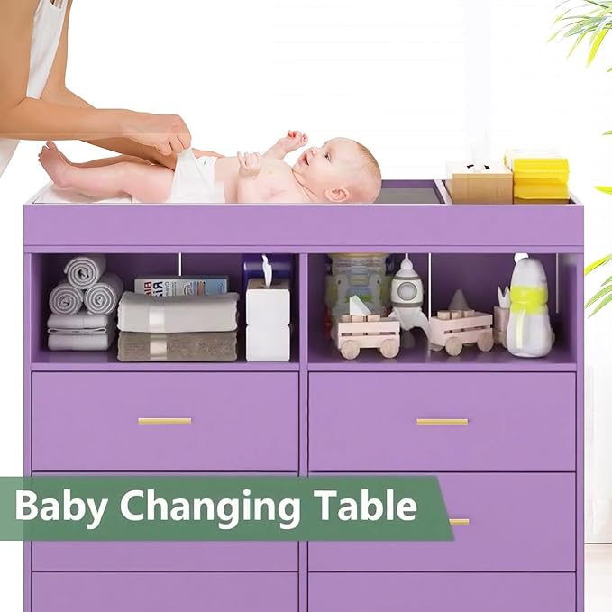 Baby Changing Table Dresser with 6 Drawers, Baby Nursery Dresser, LED Lights & Charging Station – Multifunctional Nursery Dresser with Removable Changing Top, Anti-Tip Design, Purple
