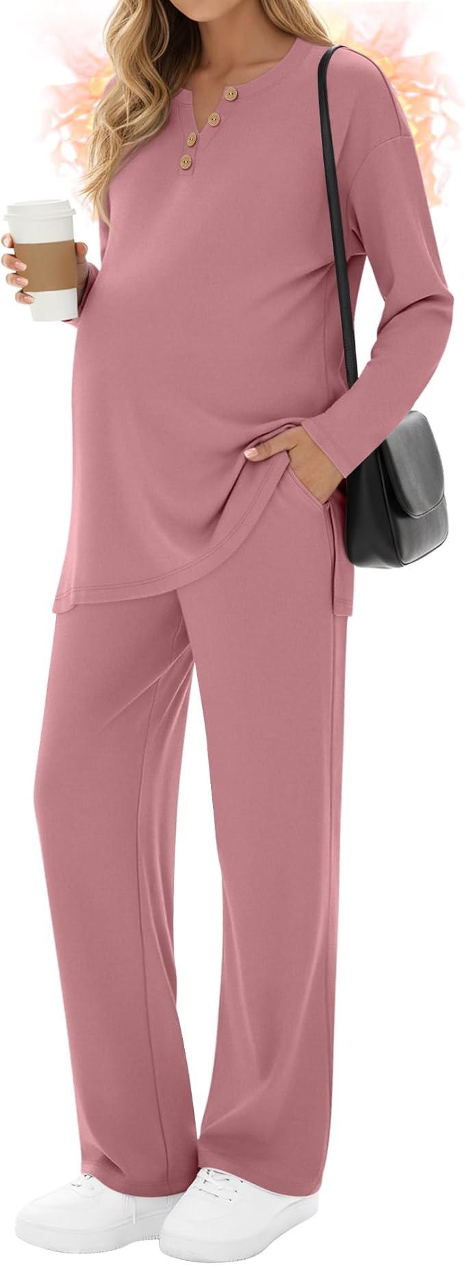 2 Piece Thermal Maternity Lounge Set Postpartum Pregnancy Fleece Loungewear Long Sleeve Top and Wide Leg Pant