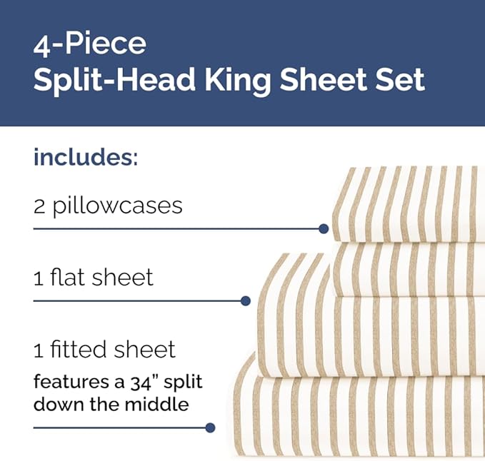 Flex Top Split Head King 4 Piece Sheet Set - Comfy Breathable & Cooling Bed Sheets Set - Hotel Luxury Bedding for Women, Men, Kids, Teens, Boys & Girls - Deep Pockets, Soft - Oeko-Tex - Beige Stripes