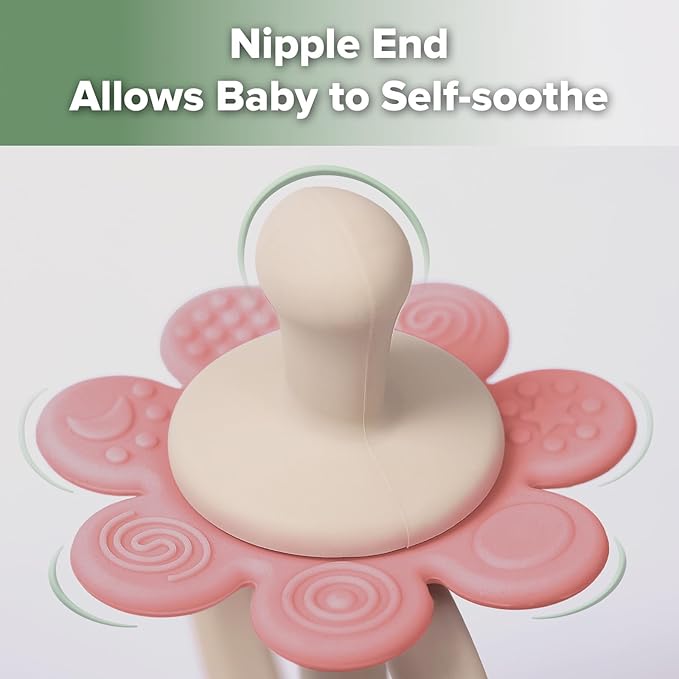 haakaa Silicone Twin Flower Teether,Nipple-Shaped End for Gum Massage,360° Baby Toothbrush Head for Self-Brushing Training,Easy to Grip - Rosehip