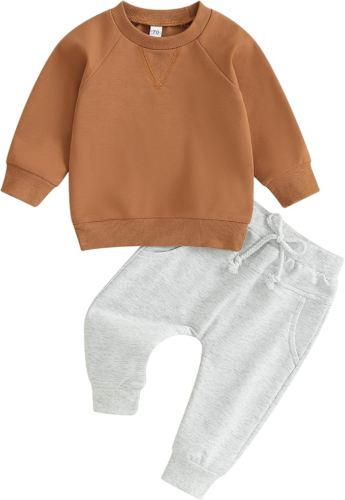 Toddler Baby Boy Clothes Solid Color Long Sleeve Crewneck Sweatshirt Top Casual Pants Set 2Pcs Fall Winter Outfits