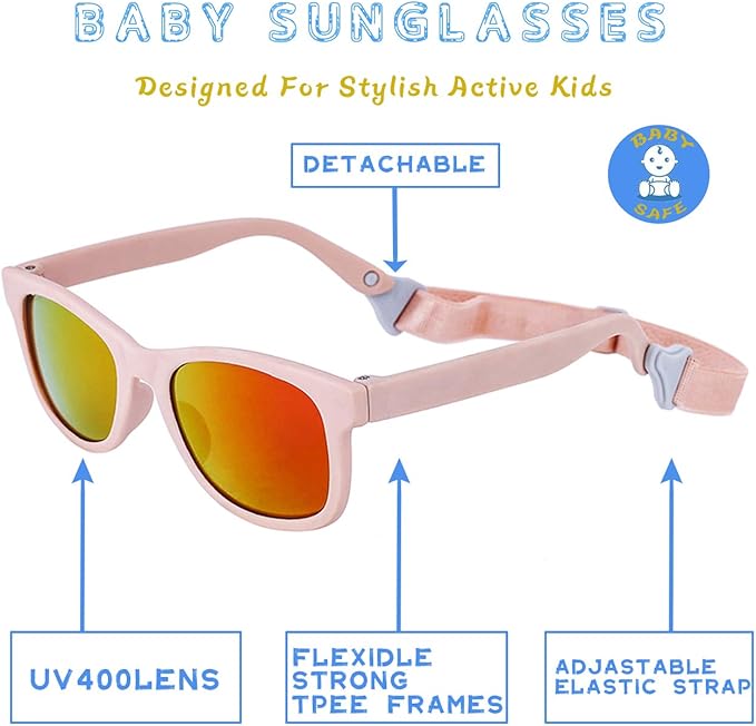 MAXJULI Baby Infant Sunglasses Safe, Soft, With Adjustable Strap 0-24 Months BPA Free 7002