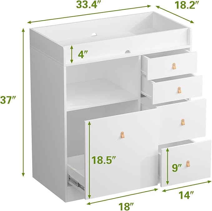 Baby Dresser Changing Table, Modern Nursery Dresser with Drawers, Storage Shelves, Diaper Changing Station for Nursery Room,Bedroom,Kids Room (White)