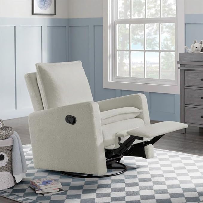 Oxford Baby Uptown Manual Upholstered Glider Recliner Rocking Chair 360° Swivel for Nursery and Living Room – Boucle White
