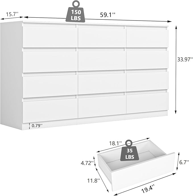 White 12 Drawer Dresser for Bedroom,Modern Long Deep Drawer Dresser,Wood Storage Chest of Drawer, Storage Organizer Drawers for Bedroom