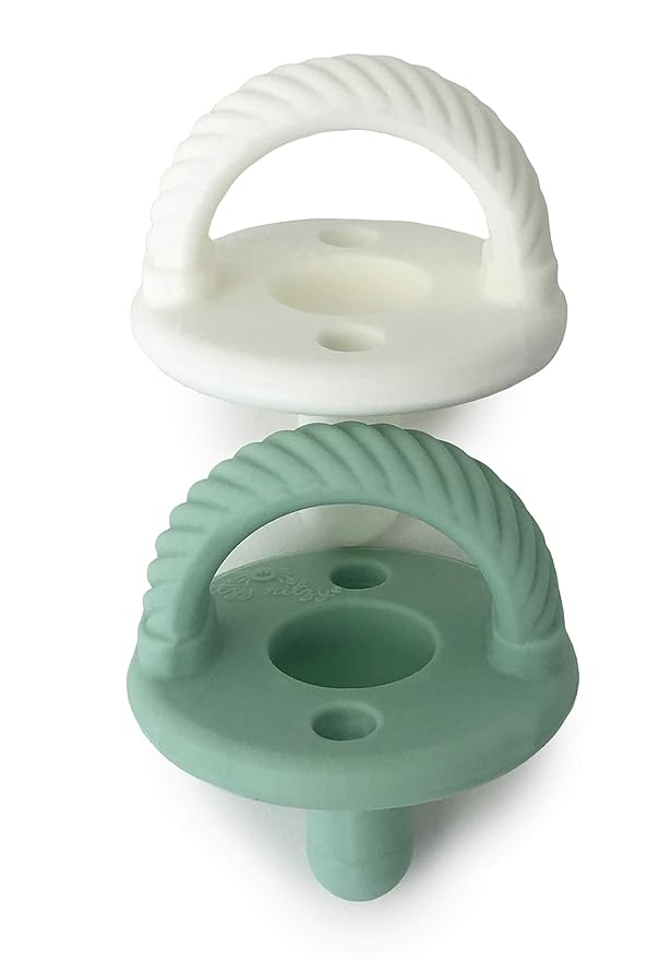 Itzy Ritzy Silicone Pacifiers for Newborn – Itzy Soother Pacifiers Feature Collapsible Handle & Two Air Holes for Added Safety – for Ages 0-6 Months, Set of 2 in Mint & White