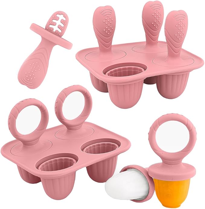 Silicone Popsicle Molds, Mini Breastmilk Popsicle Molds with Sticks, Frozen Breast Milk Teether Popsicle Maker Ice Pop Molds for Infant Feeding Spoon (2Set-Dark pink)