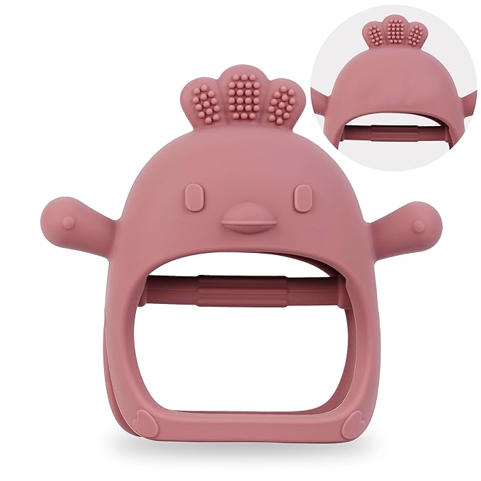 Baby Teether Toy for Infants 3–12 Months, Silicone Chew Toy with Easy Grip Handle, Textured Surface for Teething Stage, One-Piece Design, Lightweight Travel-Friendly (Chicken Dark Pink)