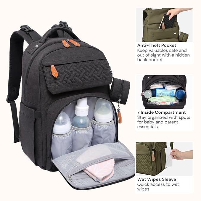 BabbleRoo Diaper Bag Backpack - Travel Large Baby Diaper Bag with Changing pad, Waterproof Baby Bags for Mom & Dad, Unisex Bags with Pacifier Case, Luggage Strap & Stroller Clips– Black