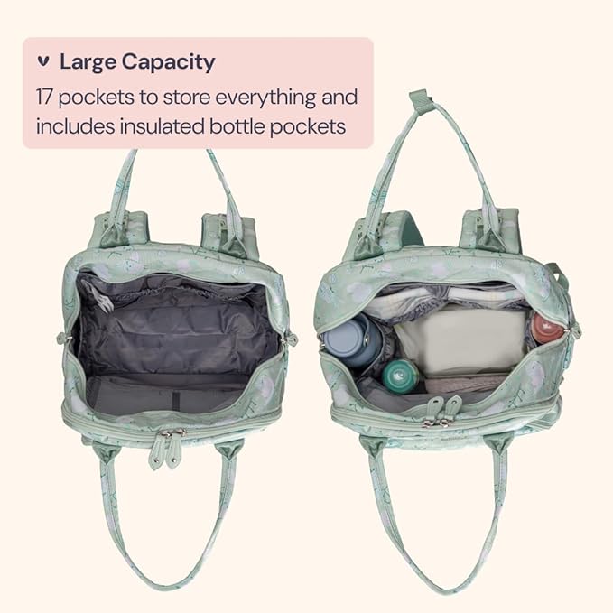 BabbleRoo Diaper Bag Backpack - Baby Essentials Travel Tote - Multi Function Water Resistant Diaper Bag, Travel Essentials Baby Bag with Changing Pad, Stroller Straps & Pacifier Case - Green Birdy | Baby Essentials, Travel Essentials, Baby Bag, with Ch...