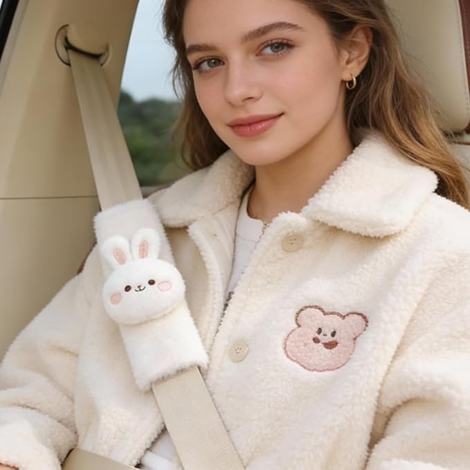 2 PCS Seat Belt Cover Pad, Cute Kawaii Animal Bunny Seatbelt Covers for Kids and Adults, Winter Plush Fluffy Soft Seat Belt Cover, Cartoon Seatbelt Cushion,Car Seat Strap Pads (F-Bunny)