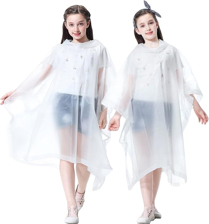 Rain Poncho for Kids (2 Pack), Reusable EVA Children Raincoat Ponchos Rain Jacket with Hood for 6-14 Girls Boys