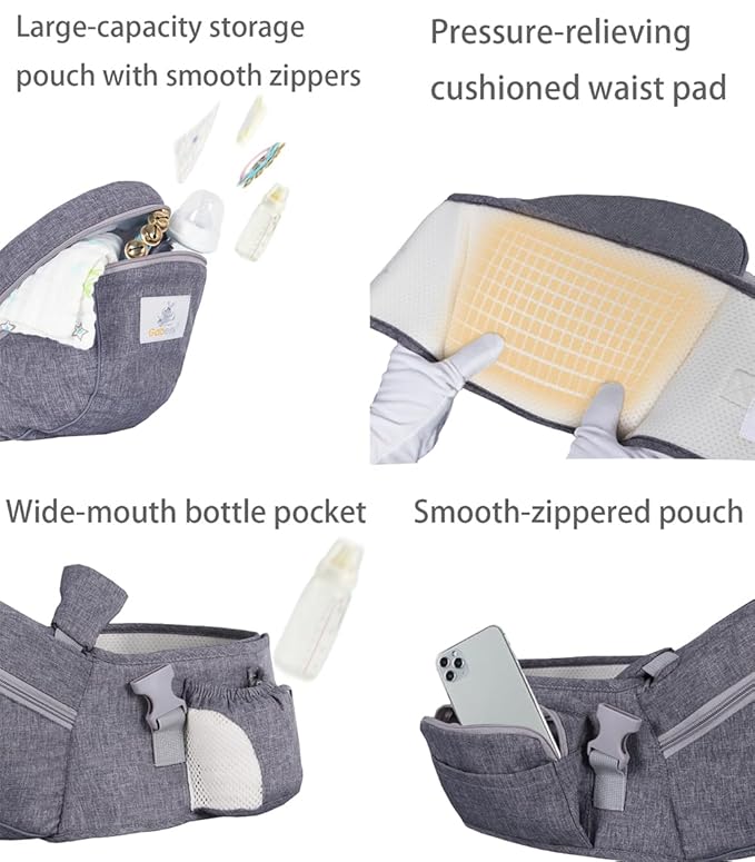 Baby Hip Seat Carrier Baby Waist Stool for Child Infant Toddler with Adjustable Strap Buckle Pocket Soft Inner Huge Storage (Black)
