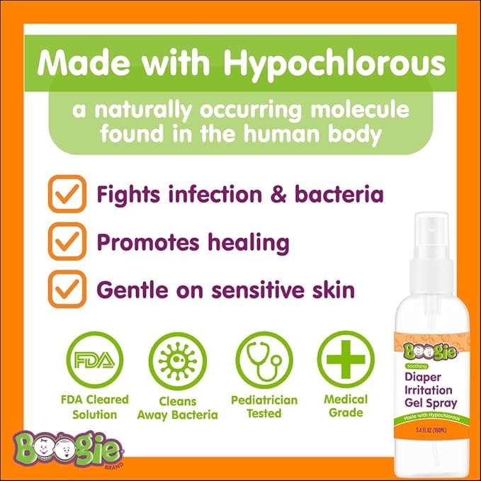 Boogie Hypochlorous Acid Diaper Irritation Gel Spray, Baby Essentials for Diaper Rash, Soothing Cleansing Spray, 3.4oz