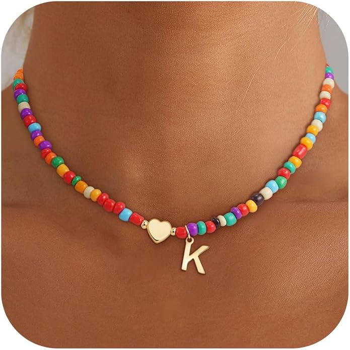 Valentines Day Gifts for Kids Women Girls - Colorful Beaded Initial Necklace Teen Girls Trendy Stuff Dainty Letter Choker Necklace Valentines Day Gifts for Her Mom Wife Jewelry