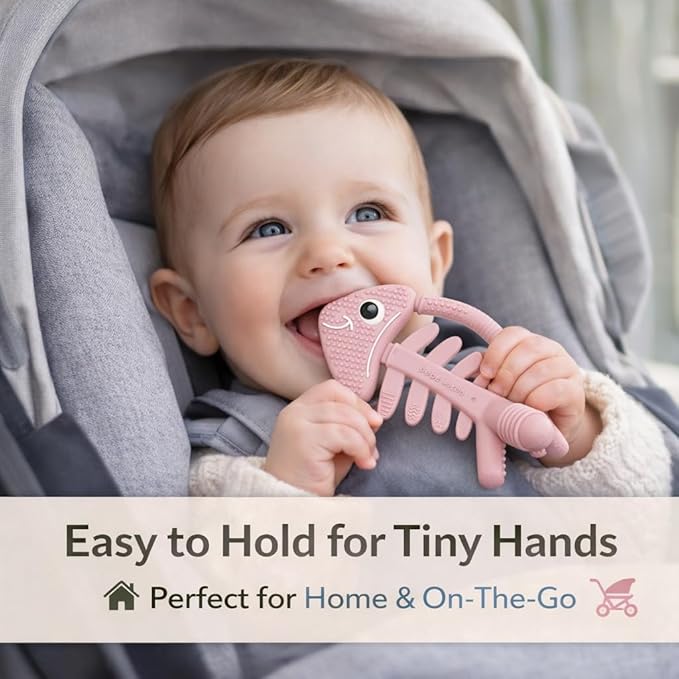 3 in 1 Infant Toys, Baby Teething Toys 3–6 6–12 Months, Teethers for Babies 0–3–6–12 Months for Teething Relief, Baby Gift, Baby Teether Toys, Silicone Sensory Toys,USA Patent Pending, Fish-Rose Pink