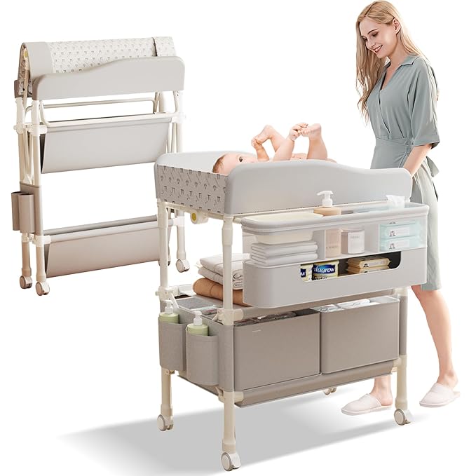 Baby Changing Table, Versatile Folding Changing Table with 2 Drawers, Portable Baby Diaper Changing Station with Toy Holder, Adjustable Height (39.7" to 42.9") Mobile Nursery Diaper and Newborn