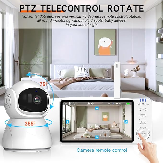 5" Video Baby Monitor with Camera and Audio, 720P HD Wireless No WiFi No App, 2-Way Talk,Voice Motion Detection, 8 Lullabies, 1000ft Long Range, Night Vision, Temperature & Feeding Alarm, 355° PTZ