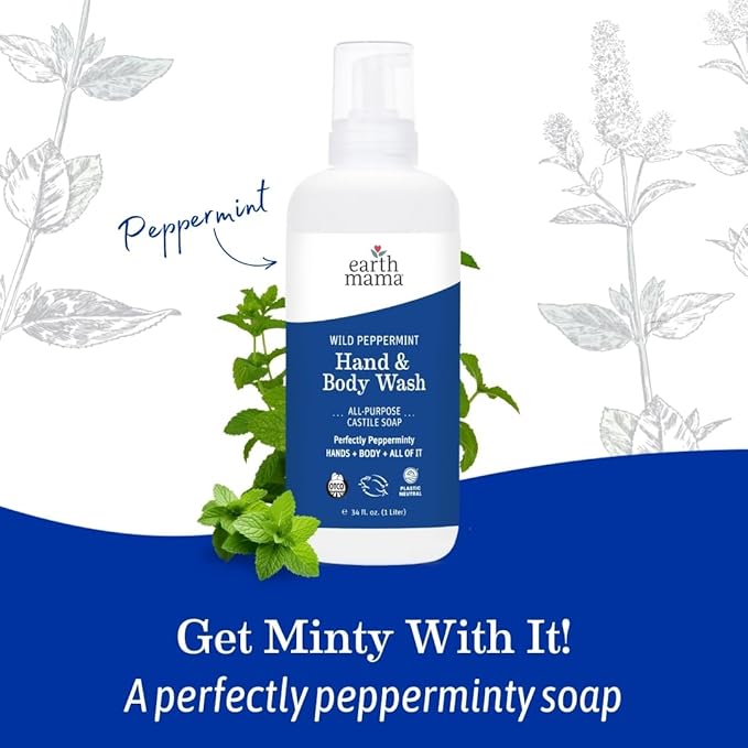 Earth Mama Wild Peppermint Hand & Body Wash | Foaming Castile Soap Liquid and Hand Soap, Made with Organic Wild Mint & Peppermint Oil, 34 fl oz (2-Pack)