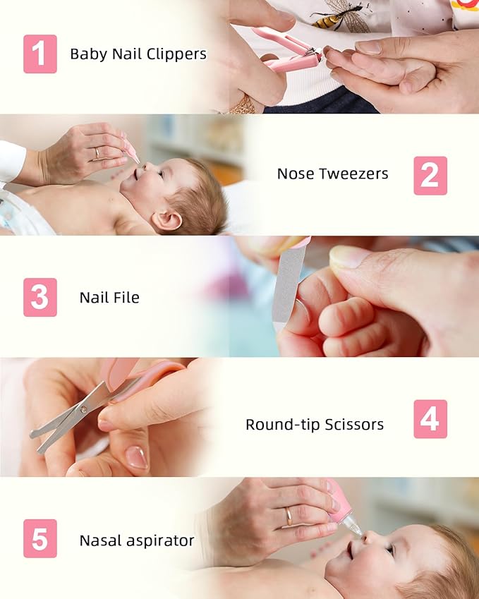 Baby Grooming and Health Kit, Lictin Nursery Care Kit, Newborn Safety Health Care Set with Hair Brush,Comb,Nail Clippers and More for Newborn Infant Toddlers Baby Girls, Pink