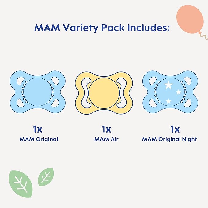 MAM Variety Pack Baby Pacifier, Includes 3 Types of Pacifiers, Nipple Shape Helps Promote Healthy Oral Development, 3 Pack, 0-6 Months, Boy (Pack of 12)