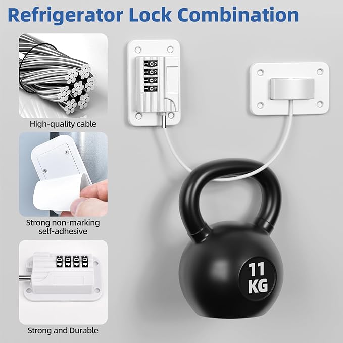 Refrigerator Lock, Heavy Duty Fridge Locks for Kids, Freezer Lock with Combination for Refrigerator Drawer Cabinet Safety, Easy to Install No Keys Needed White