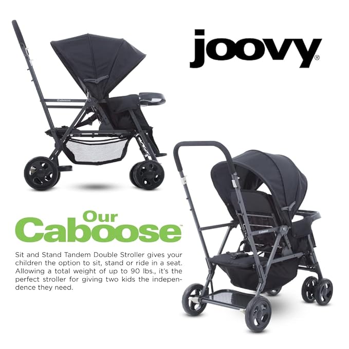 Joovy Caboose Sit and Stand Double Stroller with Rear Bench and Standing Platform, 3-Way Reclining Seats, Optional Rear Seat, and Universal Car Seat Adapter (Black)