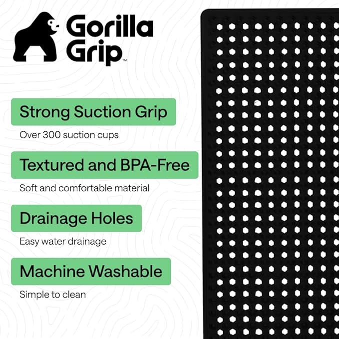 GORILLA GRIP Patented Bath Tub Shower Mat, Machine Washable Bathtub Floor Liner Mats, Suction Cups and Drain Holes to Keep Tubs Clean, Soft on Feet, Bathroom Essentials, 35x16 Inch, Black