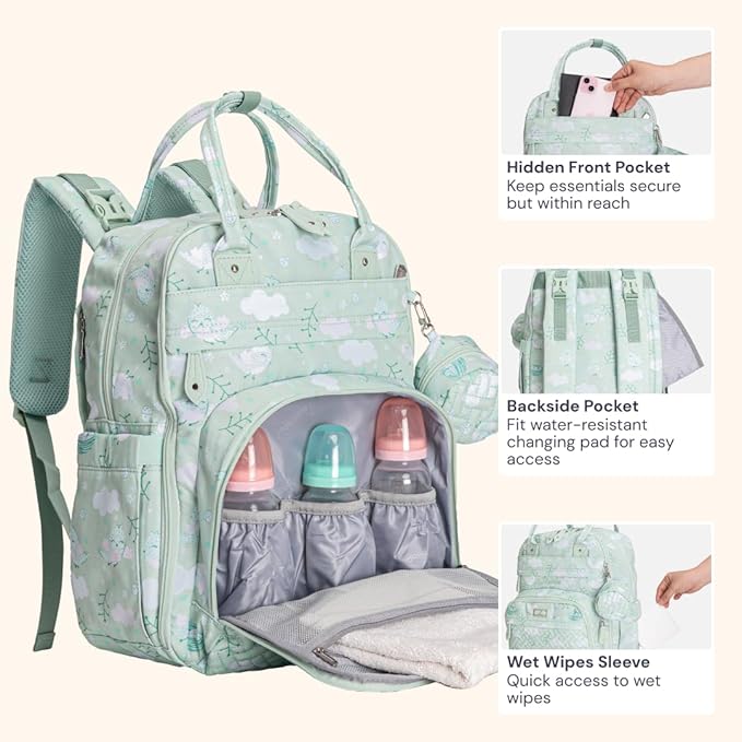 BabbleRoo Diaper Bag Backpack - Baby Essentials Travel Tote - Multi Function Water Resistant Diaper Bag, Travel Essentials Baby Bag with Changing Pad, Stroller Straps & Pacifier Case - Green Birdy | Baby Essentials, Travel Essentials, Baby Bag, with Ch...