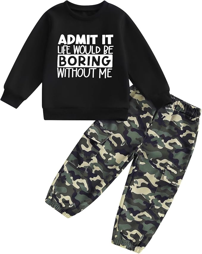 wdehow Toddler Kids Baby Boy Fall Outfits 1T 2T 3T 4T 5T Letter Print Long Sleeve Tops Camouflage Pants Winter Clothes Sets