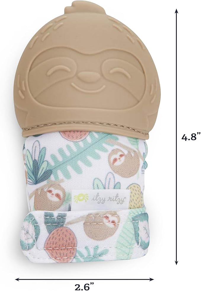 Itzy Ritzy Silicone Teething Mitt - Soothing Infant Teething Mitten with Adjustable Strap, Crinkle Sound & Textured Silicone to Soothe Sore & Swollen Gums - for Ages 3 Months & Up (Sloth)