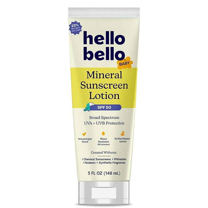 Hello Bello Baby Mineral Sunscreen SPF 50 Lotion - Broad Spectrum Sun Protection for Sensitive Skin - Water Resistant with Antioxidants - 5oz