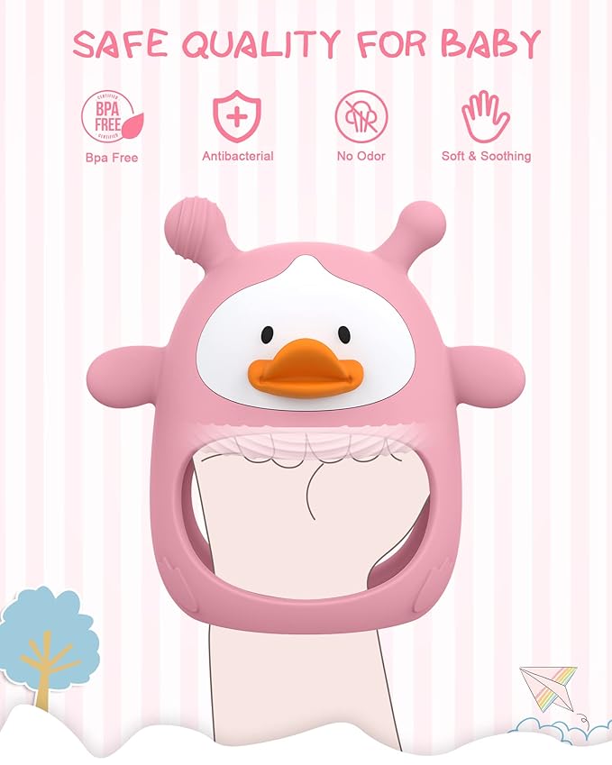 Never Drop Silicone Baby Teether, Hand Pacifier for Sucking Babies 0-6 Months, Soothing Pain Relief, Best Chew Toy for Teething, Mitten for New Born - Pink
