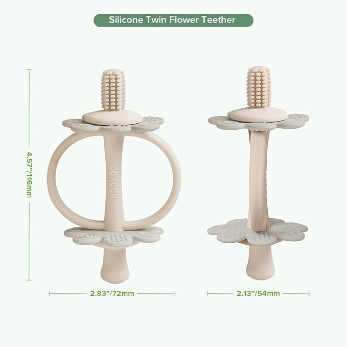 haakaa Silicone Twin Flower Teether,Nipple-Shaped End for Gum Massage,360° Baby Toothbrush Head for Self-Brushing Training,Easy to Grip -Slate Grey