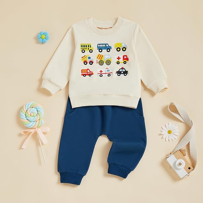 FOCUSNORM Toddler Baby Boy Fall Winter Outfit Excavator Embroidered Long Sleeve Sweatshirt Elastic Jogger Pant 2 Pcs Clothes