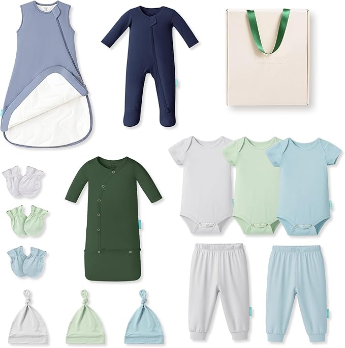 PurComfy Bamboo Newborn Clothes Gift Set: 14-Piece Layette with Sleep Sack, Baby Boy Essentials — Bamboo Lover Set