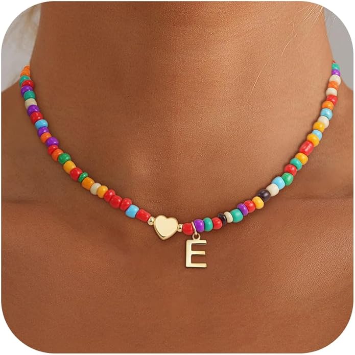 Valentines Day Gifts for Kids Women Girls - Colorful Beaded Initial Necklace Teen Girls Trendy Stuff Dainty Letter Choker Necklace Valentines Day Gifts for Her Mom Wife Jewelry