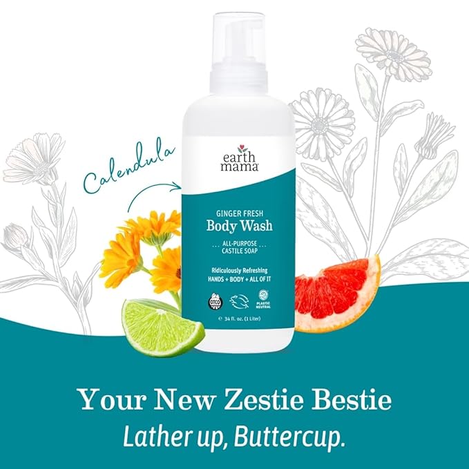 Earth Mama Ginger Fresh Hand & Body Wash | Foaming Hand Soap Refill, Castile Soap Liquid Made with Organic Coconut Oil, Shea Butter, Calendula & Aloe, 34 fl oz