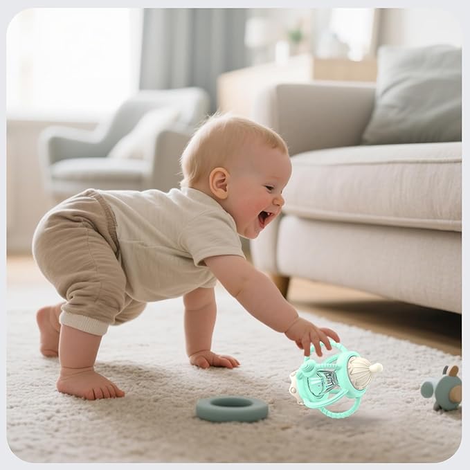 Teething Rattles for Babies 0-6 Months 6-12 Months, Silicone Rattle Teether with Pacifier, Baby Montessori Toys 6-18 Months, Infant & Toddler Molar Teething Relief, Boys Girls Essential Gifts (Mint)