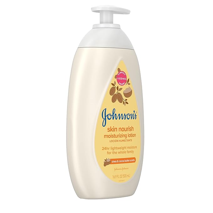 Johnson's Skin Nourish Moisturizing Baby Lotion for Dry Skin with Shea & Cocoa Butter Scents, Gentle & Lightweight Body Lotion for The Whole Family, Hypoallergenic, Dye-Free, 16.9 fl. oz