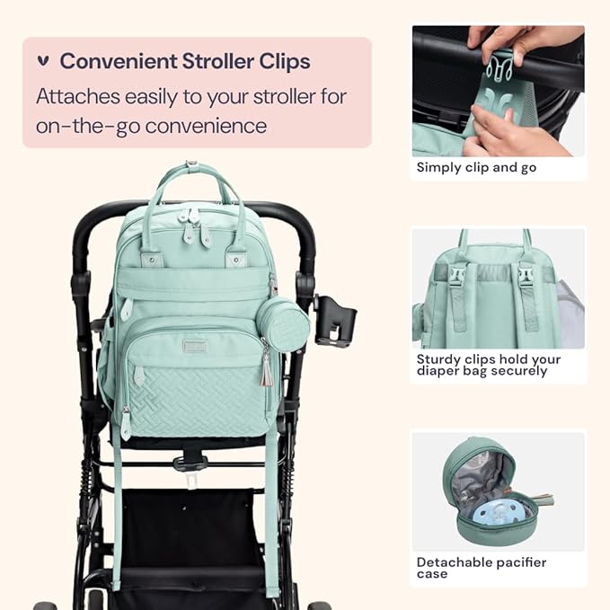 BabbleRoo Diaper Bag Backpack - Baby Essentials Travel Bag - Multi Function Water Resistant Diaper Bag, Travel Essentials Baby Bag with Changing Pad, Stroller Straps & Pacifier Case – Sage Green