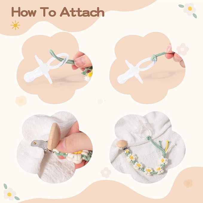 Braided Pacifier Clip for Boys Baby Girls Floral Daisy Macrame Paci Clip Boho Wooden Clips Handmade Cotton Binky Clips Baby Shower Birthday Gift