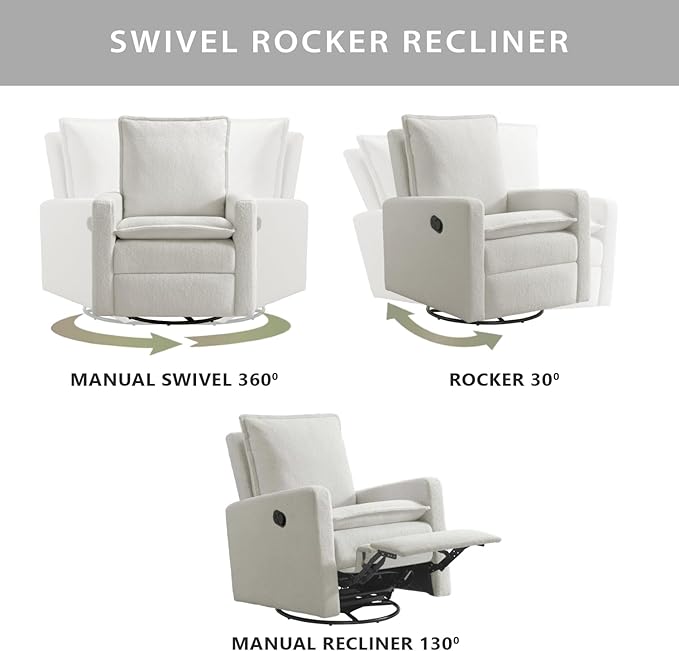 Oxford Baby Uptown Manual Upholstered Glider Recliner Rocking Chair 360° Swivel for Nursery and Living Room – Boucle White