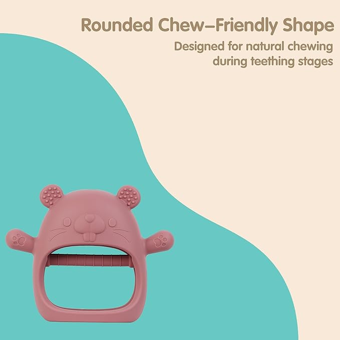 Silicone Baby Teether for 3–12 Months, BPA-Free Easy Grip Teething Toy for Infants, Soft Sensory Chew Toy, One-Piece Dishwasher Safe Design(Groundhog Dark Pink)
