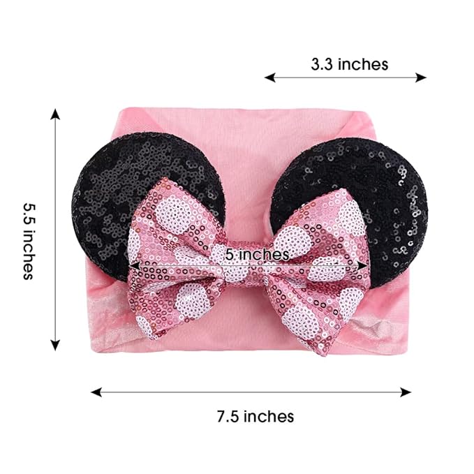 JIAHANG Baby Girl Mouse Ears Headwrap with Sequin Polka Dot Bow, Wide Velvet Turban Hairband, Hair Bow Headband for Toddler, Kids, Party Supplies (pink bow white dot HW)