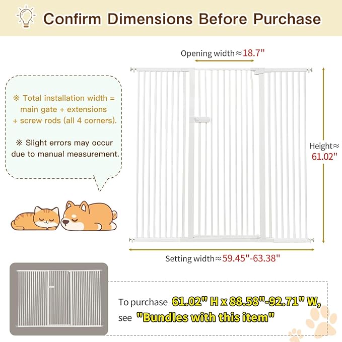 Lumizone Extra Tall Cat Gate 61.02" High Pressure Mounted Extra Wide 2025 New (17 Sizes) 1.37" Gap No Drilling Auto-Close One-Handed Operation Tall Pet Gate for Dogs(White, 61.02" H x 59.45"-63.38" W)