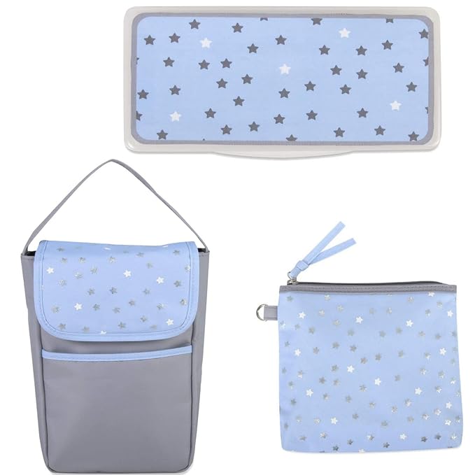 Diaper Bag Tote 5 Piece Set with Sun, Moon, and Stars, Wipes Pocket, Dirty Diaper Pouch, Changing Pad (Grey/Blue)