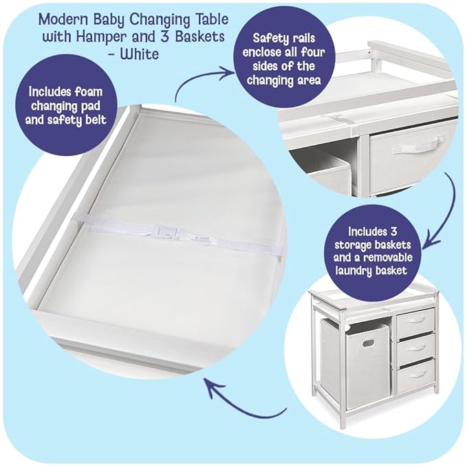 Badger Basket Modern Baby Changing Table - Nursery Furniture with Laundry Hamper and 3 Storage Drawers - Diaper Changing Station with Safety Belt, Changing Pad, and Organizer Baskets - White